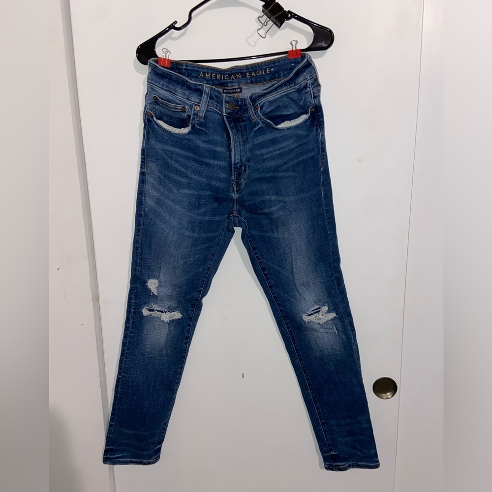 American Eagle Outfitters Men's Distressed Dark Blue Skinny Jeans (2010s)